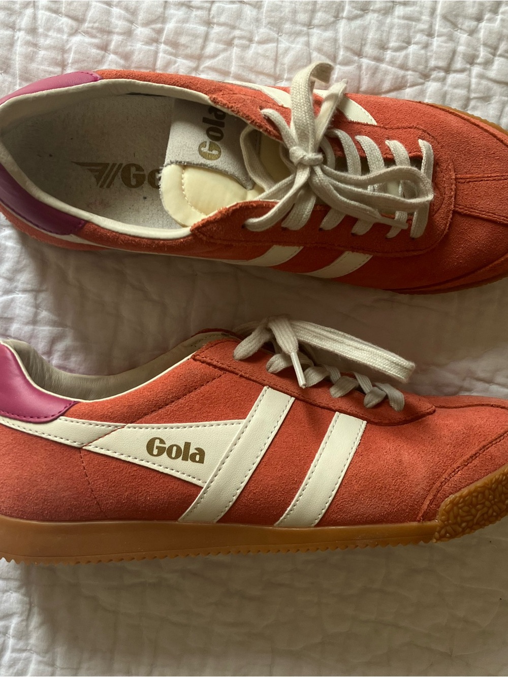 Gola Elan Women's Coral Suede Sneakers with White Stripes and Pink Heel